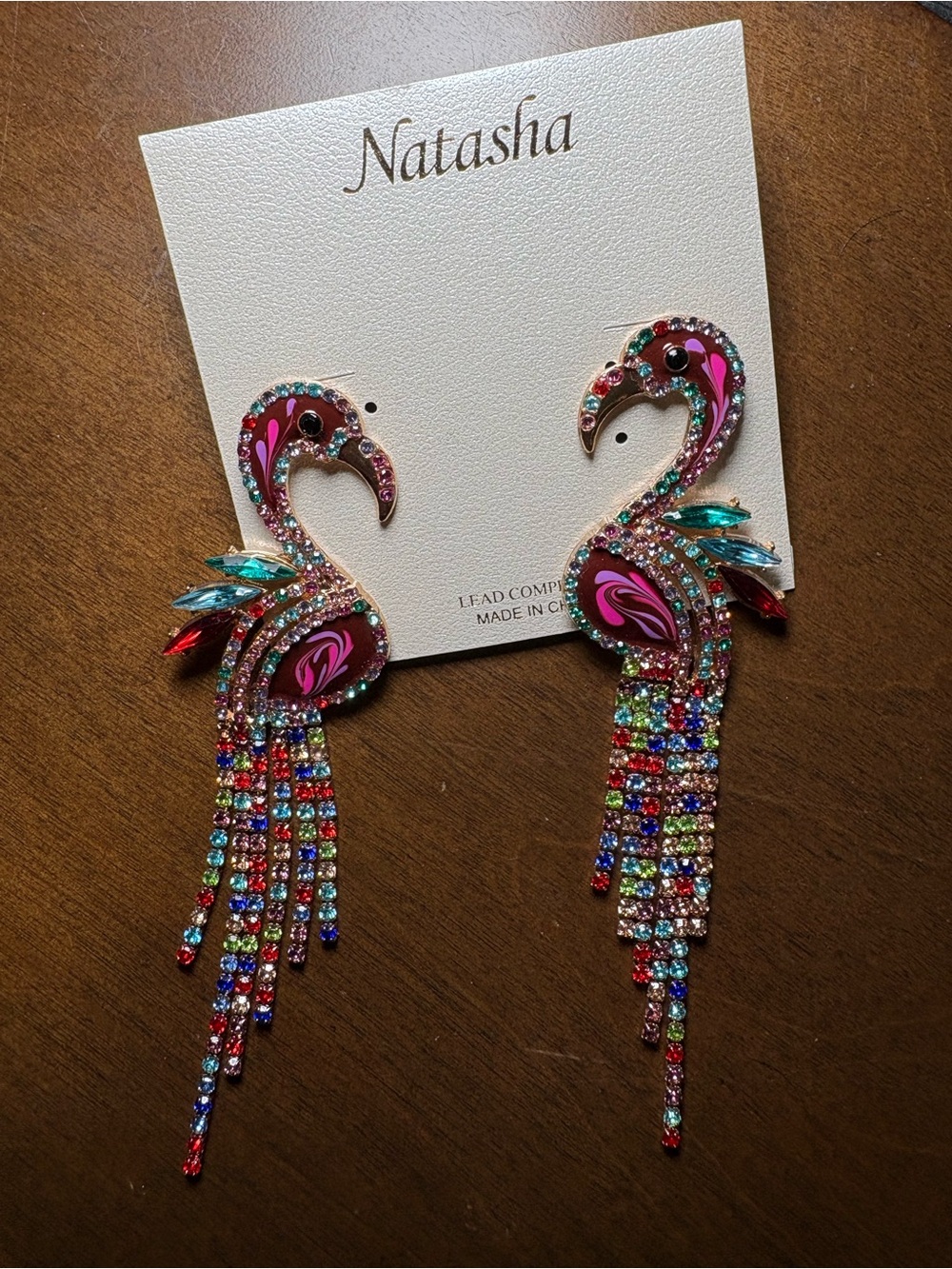 Natasha Couture Pink Multicolor Rhinestone Flamingo Drop Earrings